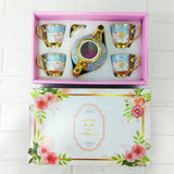 AM6280 Elegant Floral Blue & Gold Ceramic Tea Set with Teapot and 4 Cups – Premium Vintage Design