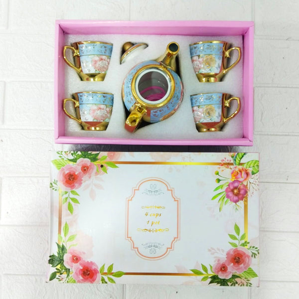 AM6280 Elegant Floral Blue & Gold Ceramic Tea Set with Teapot and 4 Cups – Premium Vintage Design