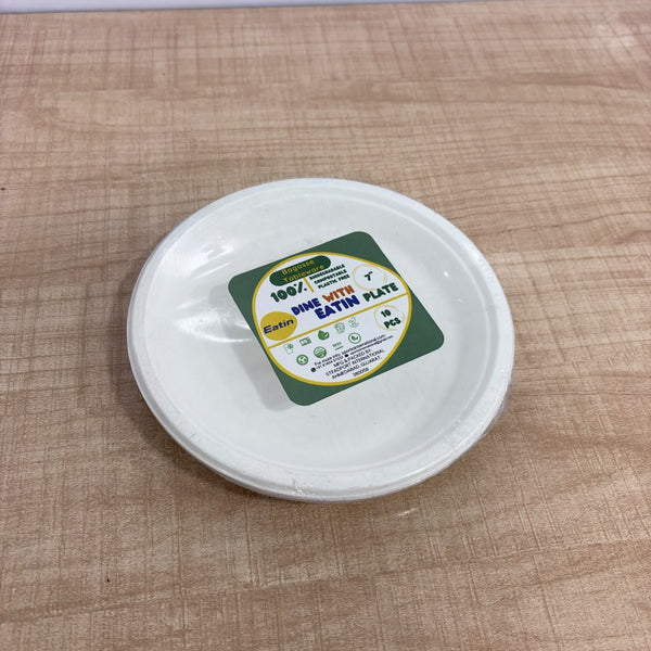 A08198 Eatin 7 Inch 100% Biodegradable & Compostable Bagasse Tableware Plate (10 Pieces)