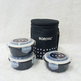 AM6187 Borosil Kube Black Glass Lunch Box, Round x 3 (Tall), Set of 3, 400ml