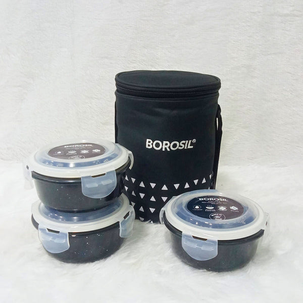 AM6187 Borosil Kube Black Glass Lunch Box, Round x 3 (Tall), Set of 3, 400ml