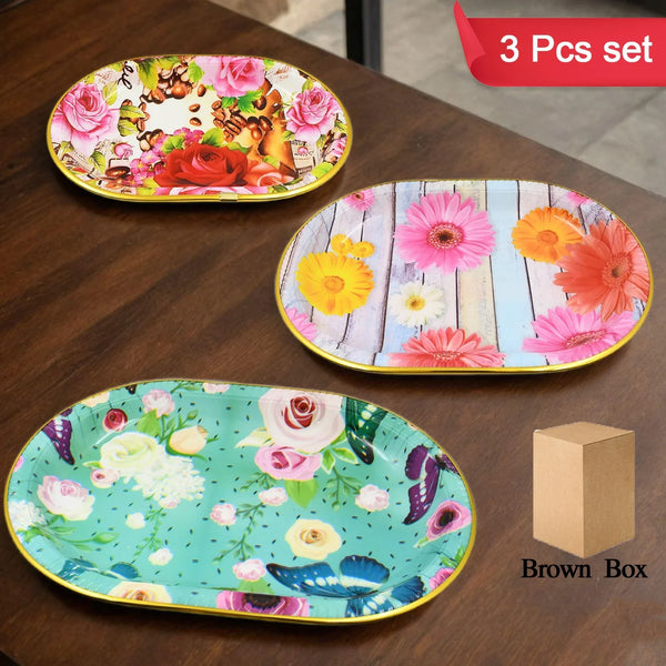10146 Plastic Flower Printed Design Serving Tray (3 Pcs Set / Mix Color)