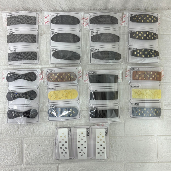 AM6388 Mix-Design Different Bow-Shaped Hair Clip/Barrette with White Floral and Stripe Etching