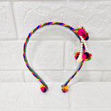 Di0042 Navratri MIx Design Colorful Braided Hairband with Cowrie Shells & Pom-Pom Ends