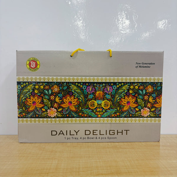 A07848 DAILY DELIGHT Melamine Printed Serving Set – 9 Pcs Tray, Bowls & Spoons Combo
