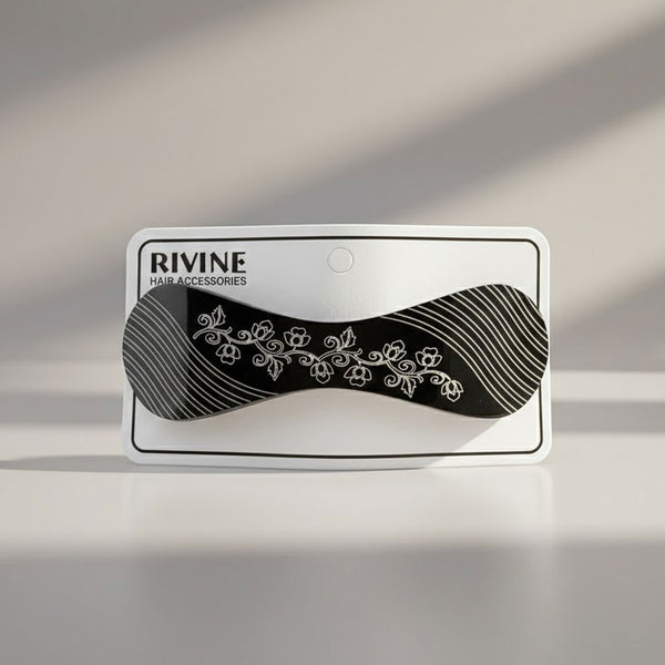 AM6388 Mix-Design Different Bow-Shaped Hair Clip/Barrette with White Floral and Stripe Etching