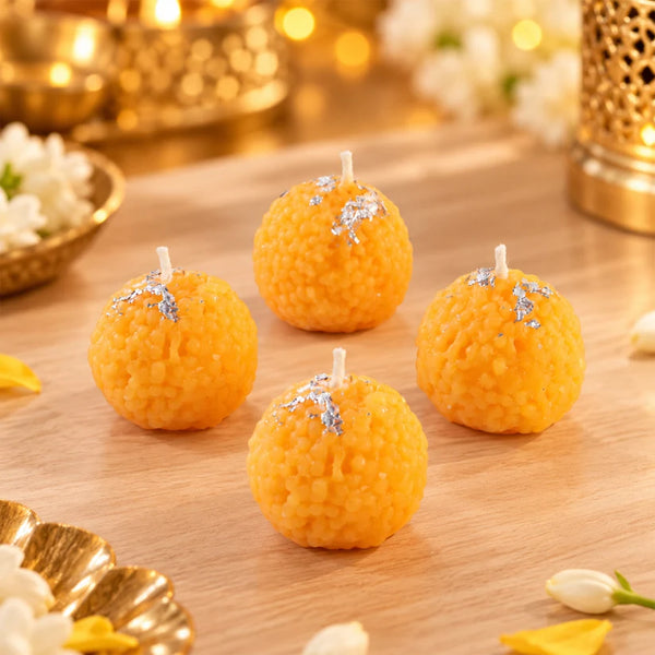 A08142 Motichoor Laddu Design Wax Candles for Diwali and Festive Decor (4 Pc Set)