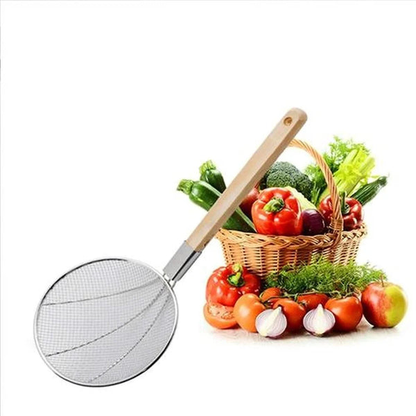 3131 16cm Stainless Steel Strainer Skimmer Deep Fry Jhara with U Shape Wooden Handle