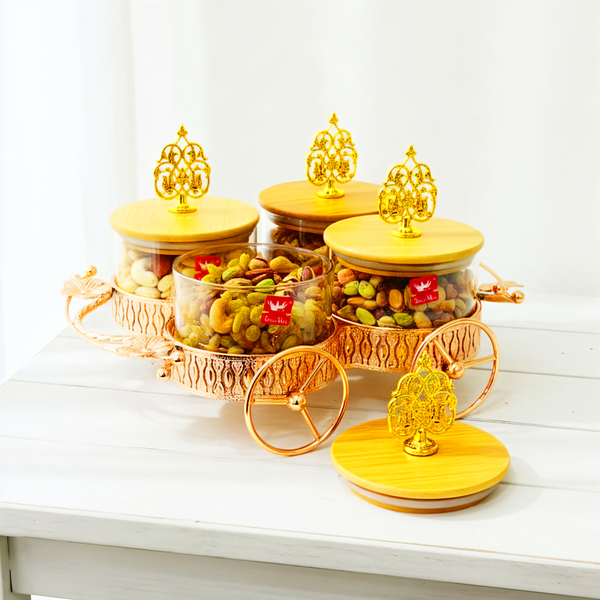 AM6271 Luxury Candy Jar Set 4 Pcs With Golden Cart Stand
