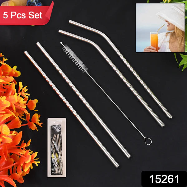 15261 Reusable Stainless Steel Straws Set of 5 (2 Straight straws, 2 Bent straws, 1 Brush)