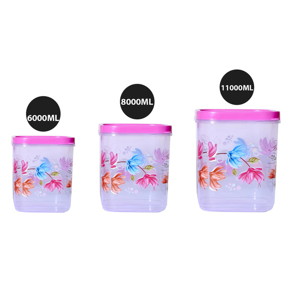 3933 Airtight Flower Printed Kitchen Storage Container - Transparent (Multicolor) Set of 3pcs (6000 x 8000 x 11000 ml)