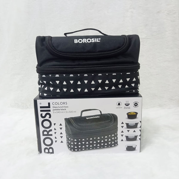 AM6191 Borosil Kube Black Universal Glass Lunchbox, 320ml x 2 + 240ml x 2