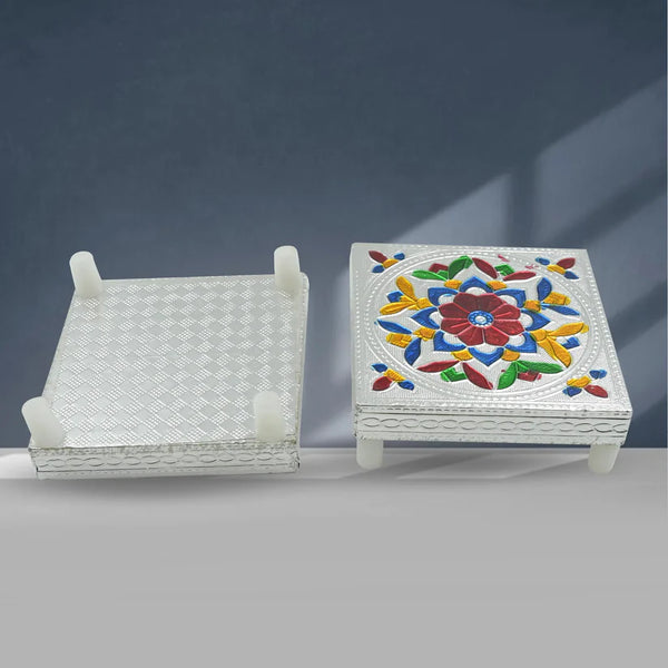 2563 1 Pc Meenakari Wooden Chowki & Bajot Set: For Home & Office Puja (Multicolor)