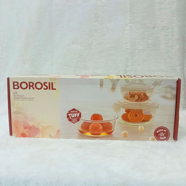 AM6182 Borosil Klip n Store Round Glass Container Set of 3pc (400ml+620ml+950ml)