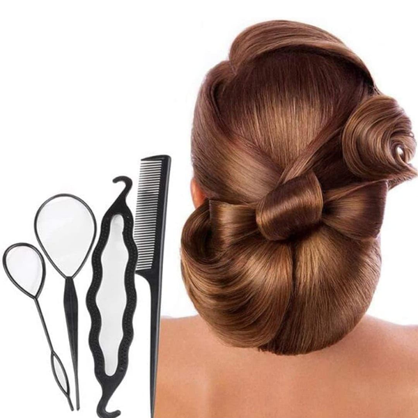 AM6376 Black Set of 4 Unique Hair Styling Tool Kit for Women & Girls