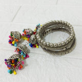Di0220 Navratri Special Oxidized Silver Bracelet with Colorful Beaded Jhumka Charms