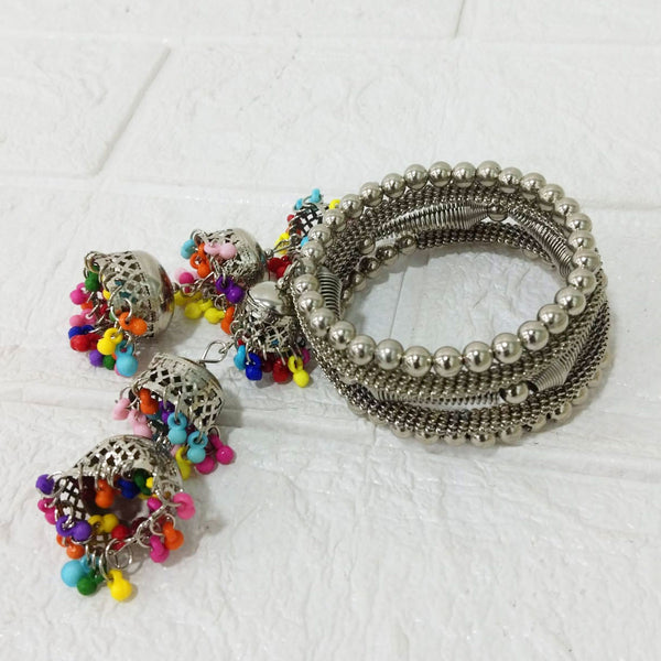 Di0220 Navratri Special Oxidized Silver Bracelet with Colorful Beaded Jhumka Charms