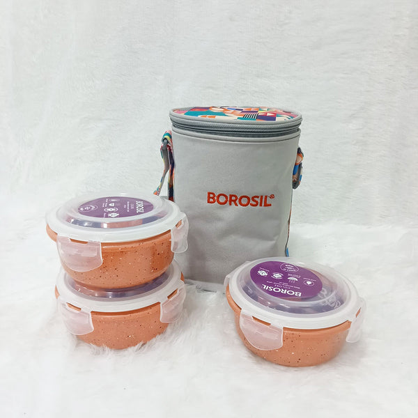 AM6188 Borosil Kube Pink Glass Lunch Box, Round x 3 (Tall), Set of 3, 400ml