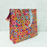 AM6282 Medium Vibrant Geometric & Floral Print Zipper Jute Bag - Reusable Shopping and Carry Bag