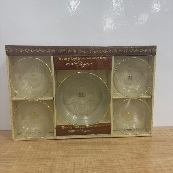 A07857 Shimmer Glassware 5-Piece Dessert Set (1 Large Serving Bowl & 4 Dessert Bowls/Plates with Gold Rim)