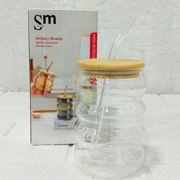 AM6279 Stylish High Borosilicate Glass Honey Jar with Wooden Dipper and Lid (550 ml) – 1 Pc