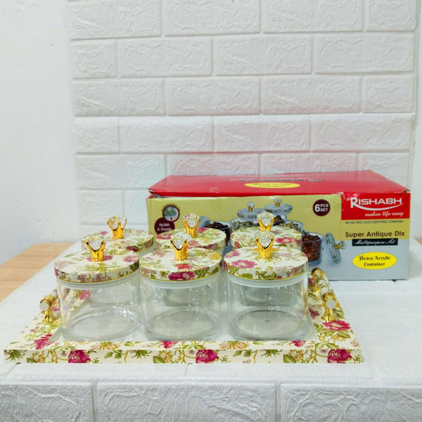 Di0167 Rishabh Super Antique Deluxe Multipurpose 6-Piece Container Set with Tray – Heavy Acrylic Jars with Floral Design & Diamond Knob Lids