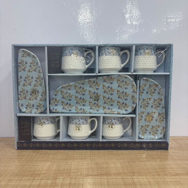 A07856 Blue Leaf 9-Piece Tea & Snack Set (6 Mugs, 1 Large Platter, 2 Small Platters)
