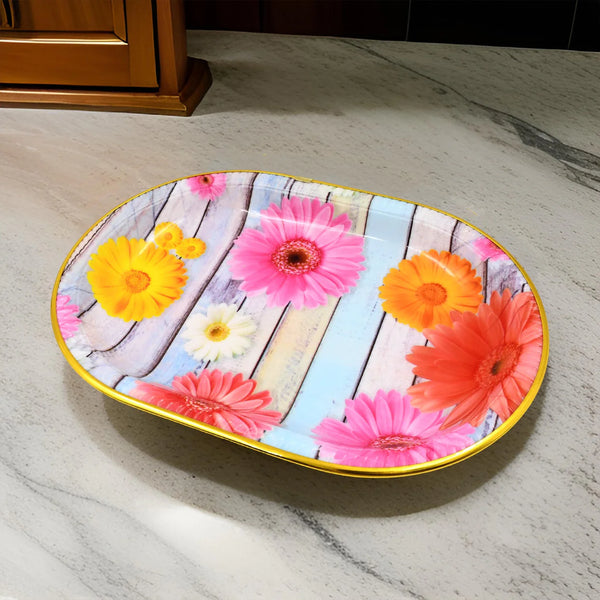 10146 Plastic Flower Printed Design Serving Tray (3 Pcs Set / Mix Color)