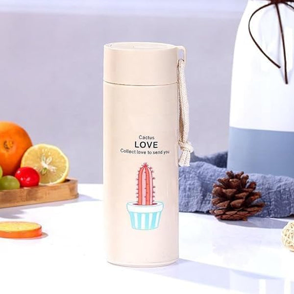 AM5216 Cactus love Print Glass Water Bottle with Foodgrade Silicone Plastic - 450ml - Glass Bottle - Leak Proof - BPA Free For School, College, Travel - Easy to carry - Multicolour - Pack of 1