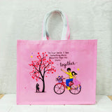 AM6281 Big Love Theme Pink Jute Bag - Reusable Shopping & Gift Carry Bag