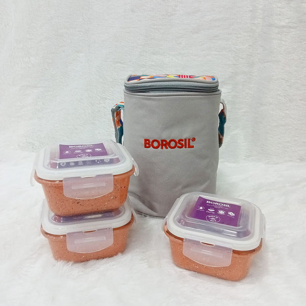 AM6190 Borosil Kube Pink Glass Lunch Box, Square x 3 (Tall), Set of 3, 320ml
