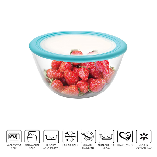AM0649 CELLO Ornella Toughened Glass Mixing Bowl with Premium Lid | Microwave Safe & Dishwasher Safe | 1000ml, Set of 1