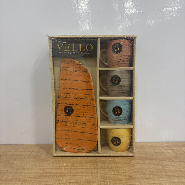 A07854 VELLO 5-Piece Tea Mug & Cookies Platter Set (4 Mugs + 1 Platter)