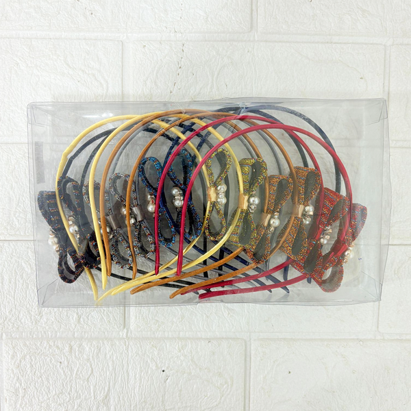 AM6380 Multicolour Elegant Glitter Bow Hairband with Pearl & Stone Centerpiece