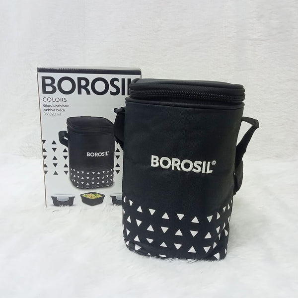 AM6189 Borosil Kube Black Glass Lunch Box, Square x 3 (Tall), Set of 3, 320ml