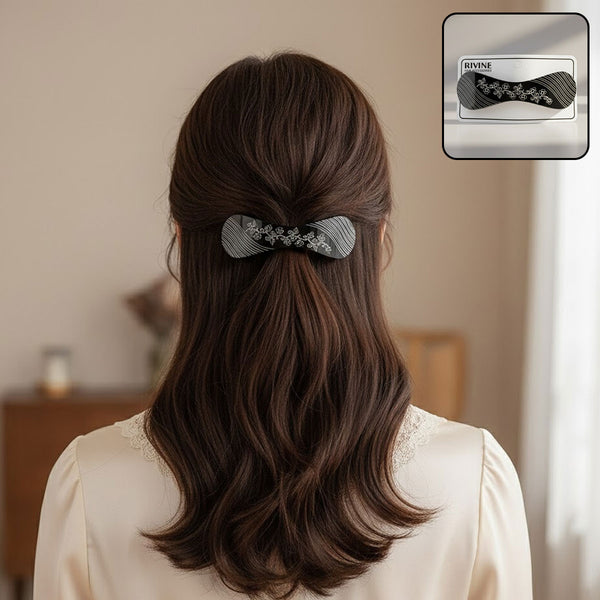 AM6388 Mix-Design Different Bow-Shaped Hair Clip/Barrette with White Floral and Stripe Etching