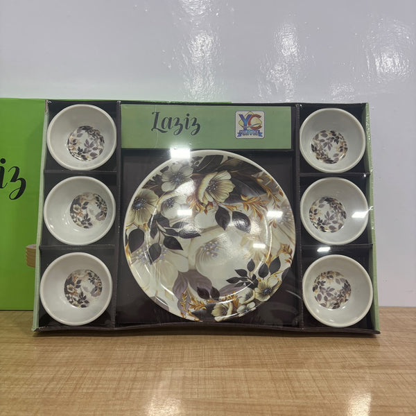 A07847 Laziz Premium 7-Piece Printed Dinnerware Set – 1 Big Plate & 6 Small Bowls