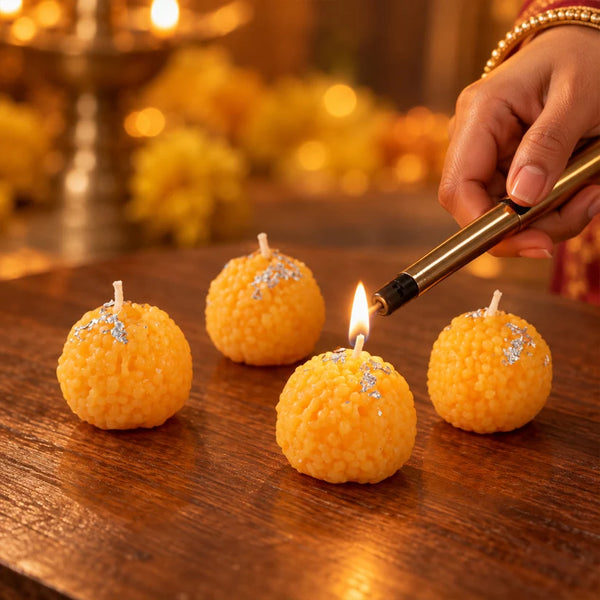 A08142 Motichoor Laddu Design Wax Candles for Diwali and Festive Decor (4 Pc Set)