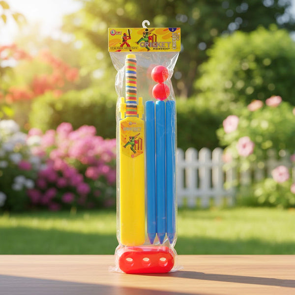 AM6515 Plastic Cricket Set for Kids - No.3 (Bat, 2 Balls, 3 Wickets, Stand Base) - Ages 4+