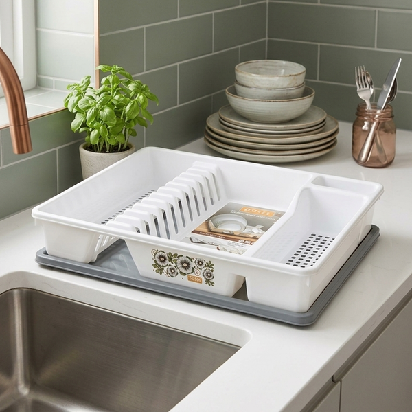 AM3279 JOYFUL Blossom Plastic Plate Rack and Dish Drainer with Drip Tray
