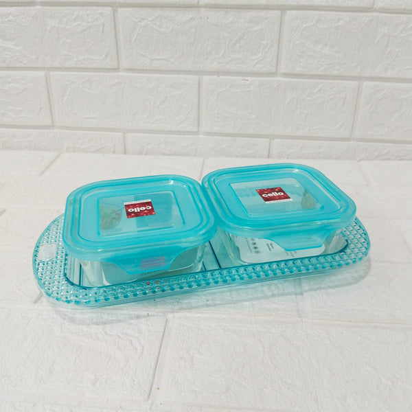 Di0245 Cello Glassware Artista 2 Square Container with Lid  & 1 Tray Set  - Set of 3 Pcs