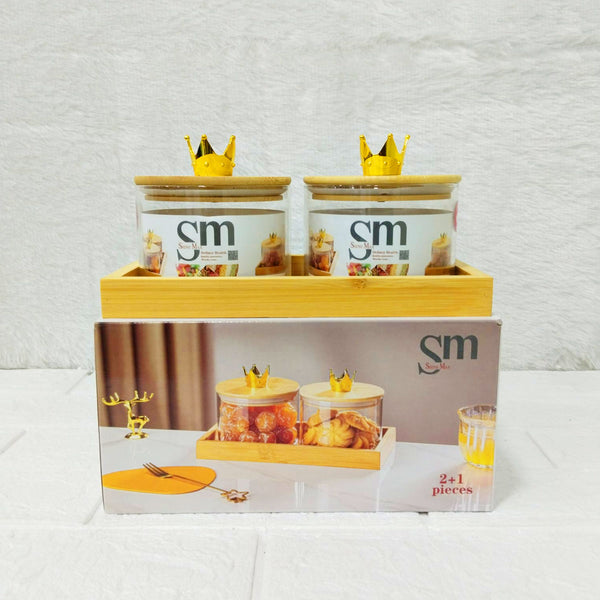 AM6272 SM 2pc Glass Jars with Crown Lids & Serving Tray Set