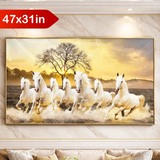 TM0192 MixDesign 7 Running White Horses Vastu Wall Art with Golden Frame 47x31 Inch