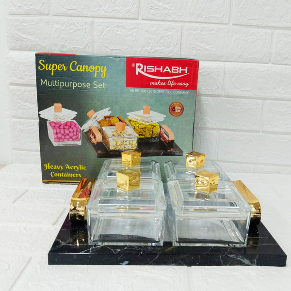 Di0157 Rishabh Super Canopy Multipurpose Set - 4 Heavy Acrylic Containers with Black Marble Finish Tray
