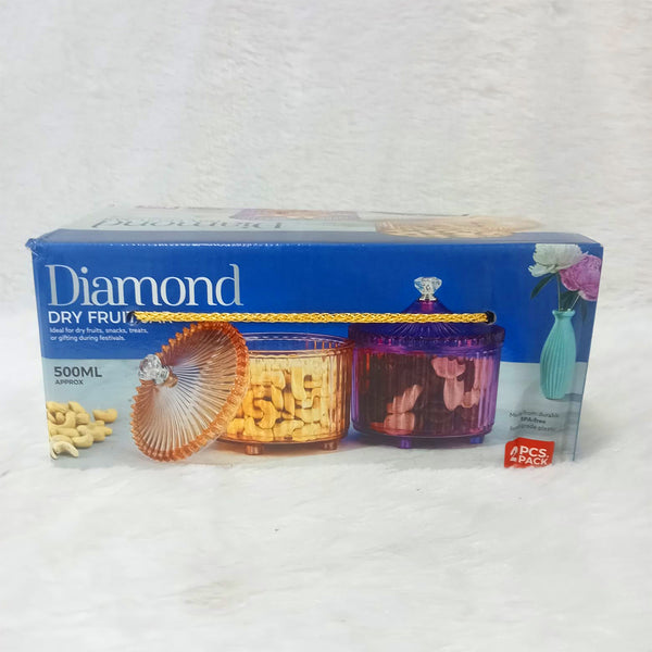 Di0361 Diamond Dry Fruit Transparent 2pc Jar with Lids - 500ml (Mix Colour)