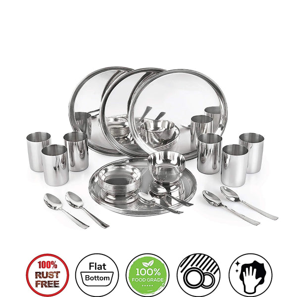 3157 36 Pcs Stainless Steel Kitchen Dinner Set (6 Thali set, 12 Bowl, 6 Pudding Plate, 6 Glass, 6 Spoon)