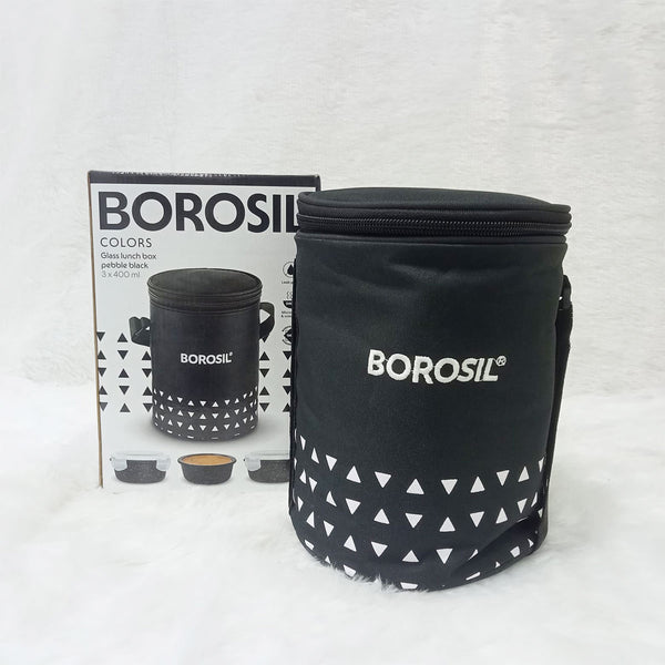 AM6187 Borosil Kube Black Glass Lunch Box, Round x 3 (Tall), Set of 3, 400ml