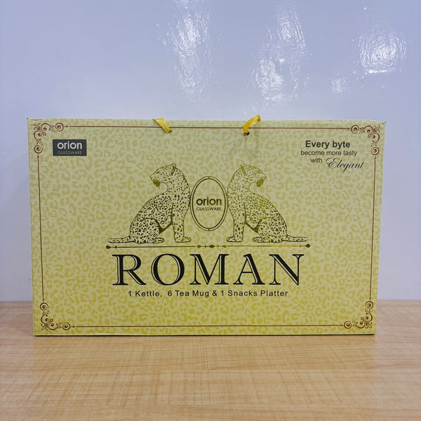 A07851 Roman 8-Piece Glassware Tea Set (1 Kettle, 6 Tea Mugs & 1 Snack Platter)
