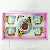 AM6280 Elegant Floral Blue & Gold Ceramic Tea Set with Teapot and 4 Cups – Premium Vintage Design