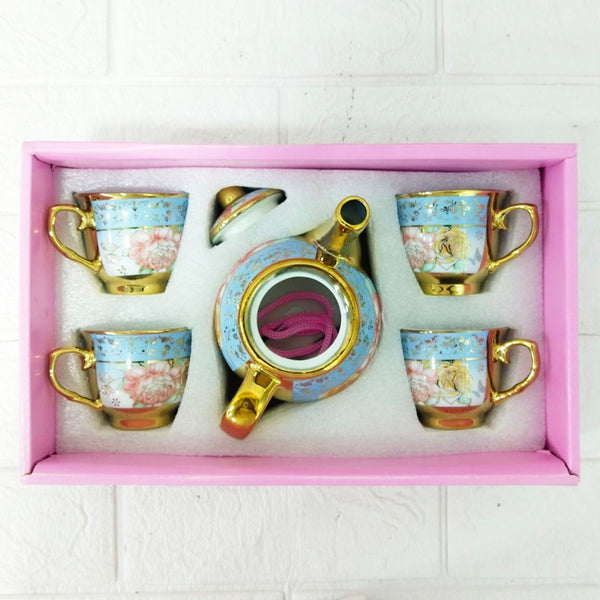 AM6280 Elegant Floral Blue & Gold Ceramic Tea Set with Teapot and 4 Cups – Premium Vintage Design
